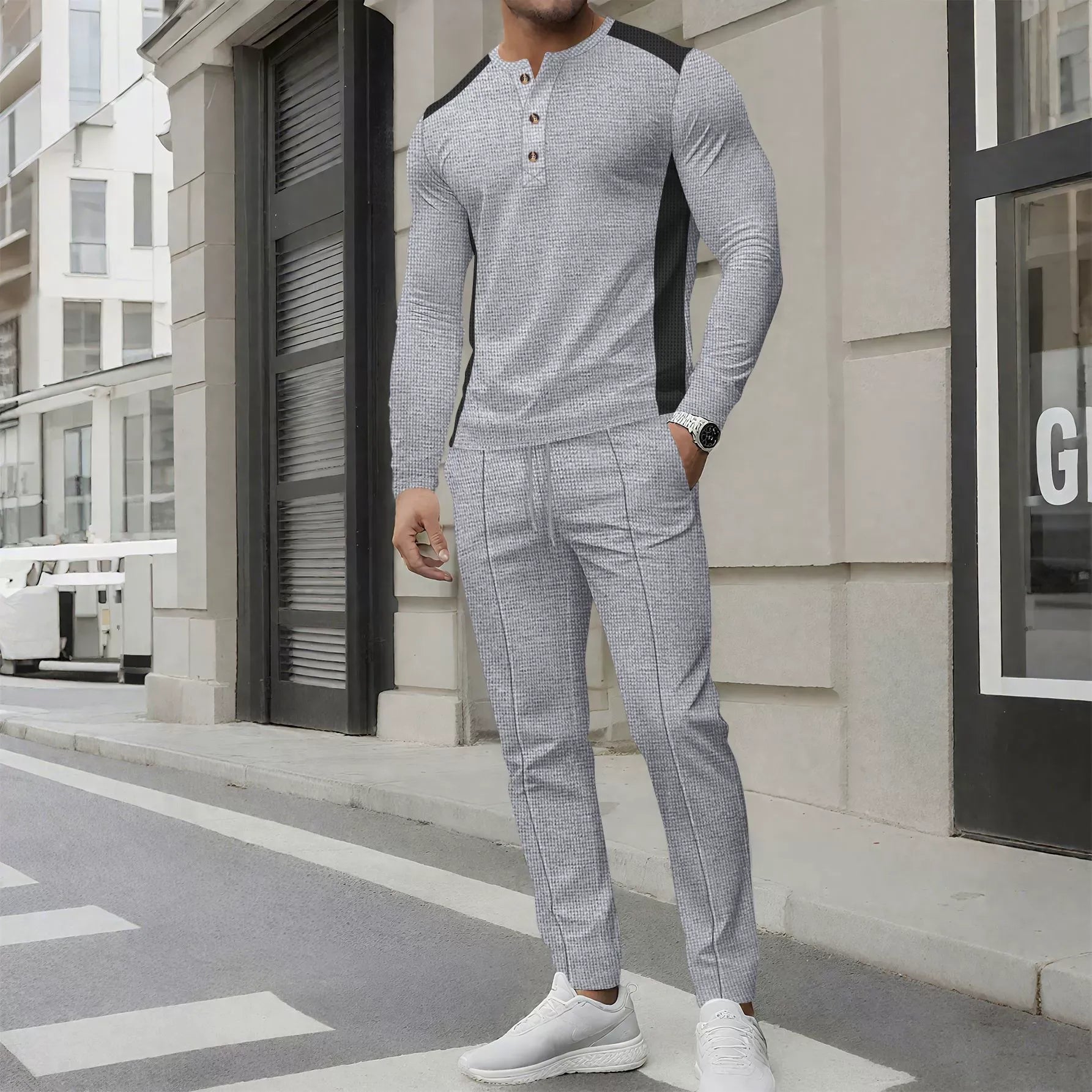 Men’s Two-Piece Set – Slim Fit Henley Shirt and Pants – Waffle Knit – Long Sleeve Grey