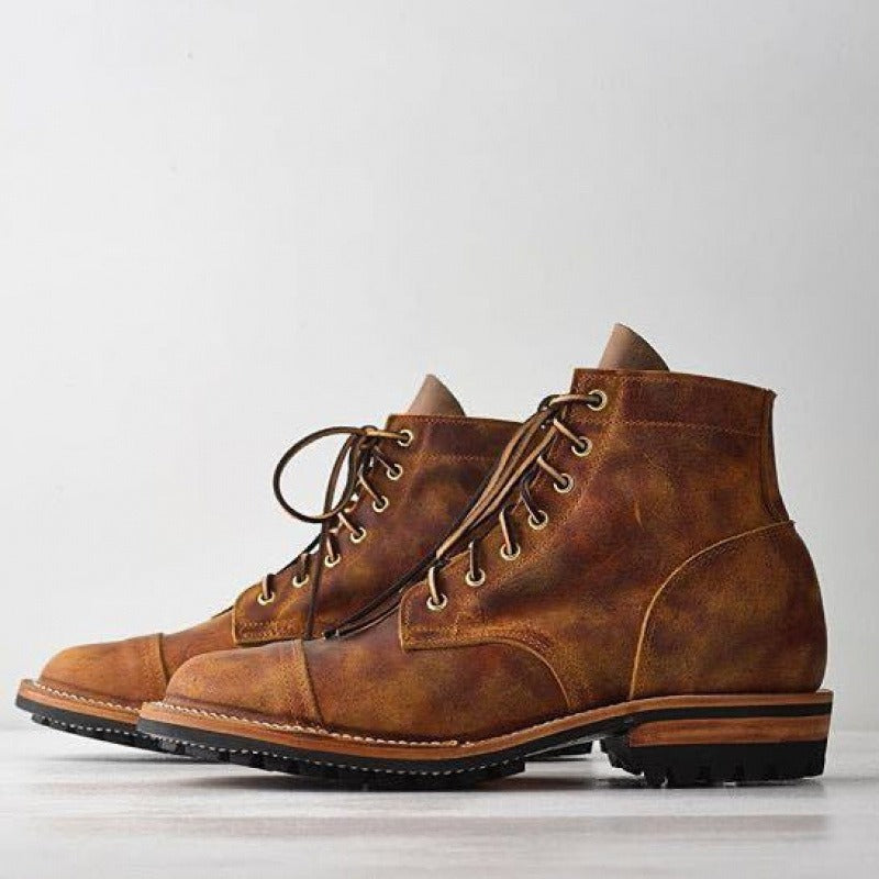 Men’s Ankle Boots – Leather – Lace-Up – Rugged Sole – Low Heel – Casual Fit Brown