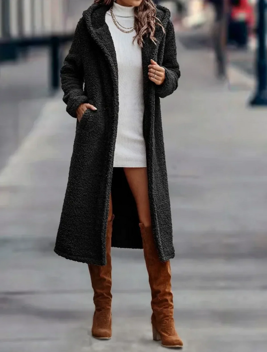 Women's Premium Teddy Overcoat - Cozy Hooded Calf Length - CloudWrap Black