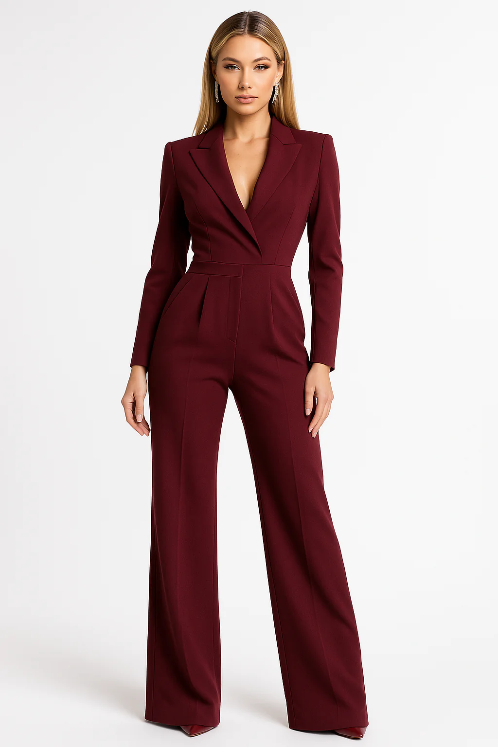 Women’s Jumpsuit – Tailored Fit – V-Neck – Long Sleeve – Wide-Leg Elegant Silhouette Red