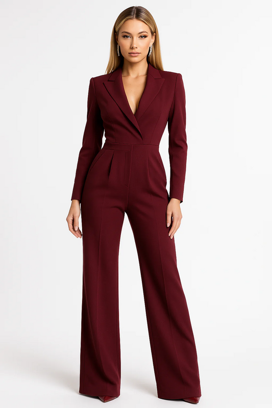 Women’s Jumpsuit – Tailored Fit – V-Neck – Long Sleeve – Wide-Leg Elegant Silhouette Red