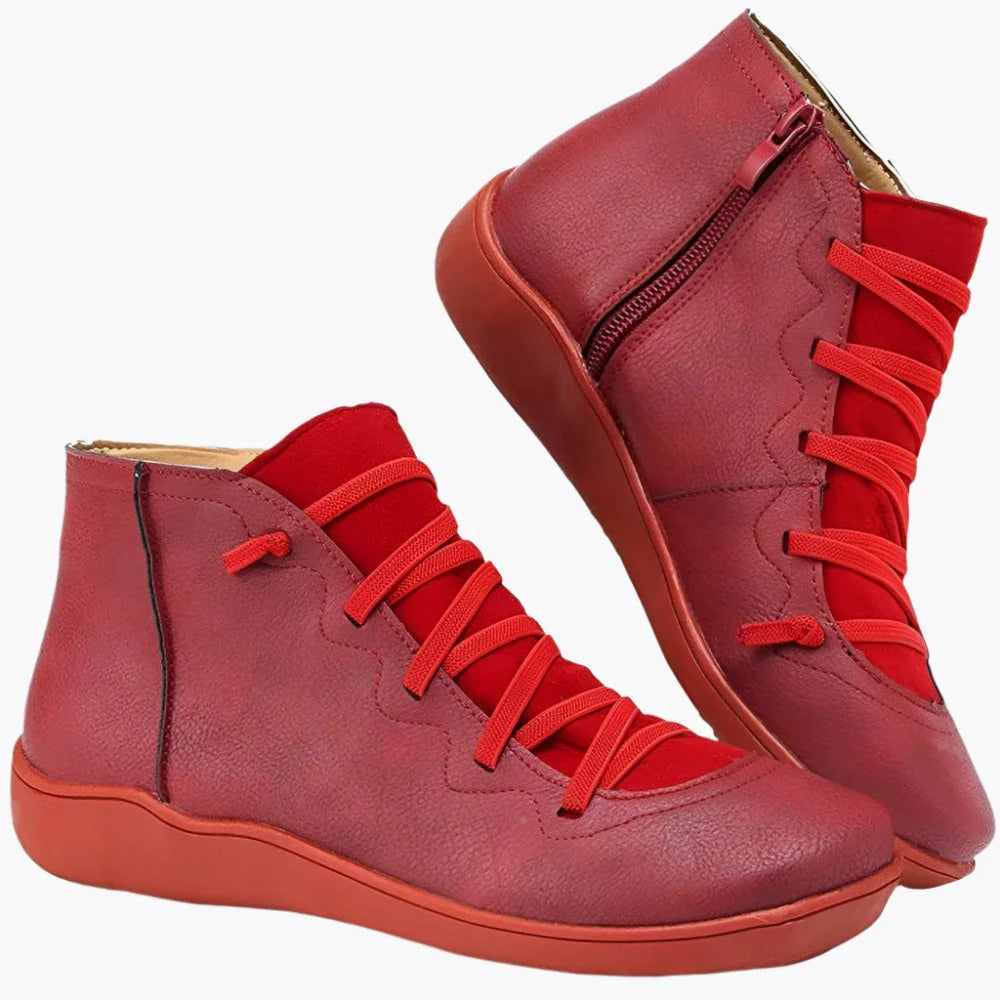 Women’s Ankle Boots – Lace-Up and Side Zip – Cushioned Flat Sole – Sleek Fit Red