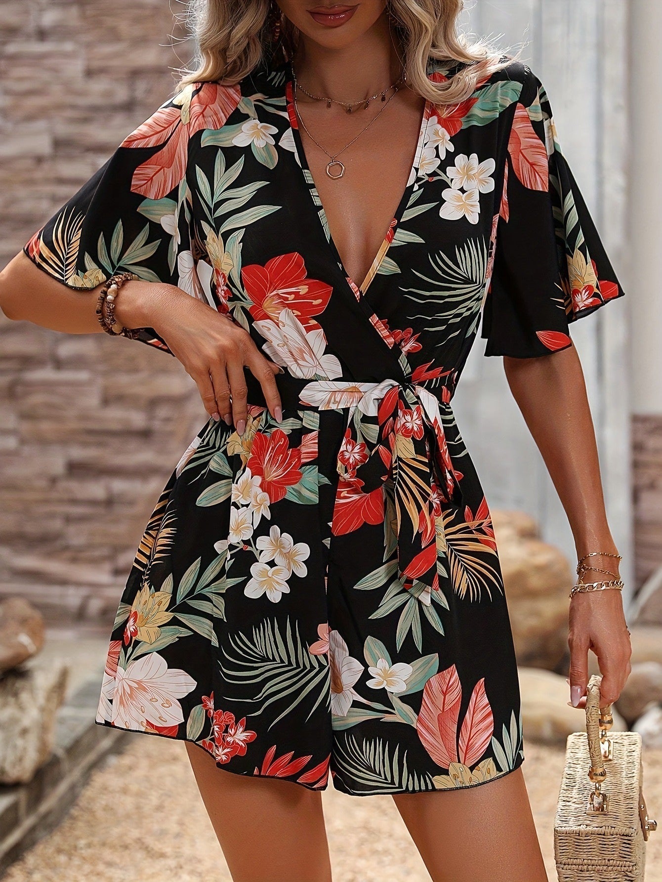 Women’s Romper – Floral Print – Wrap V-Neck – Ruffled Sleeves – Belted Short Fit Black