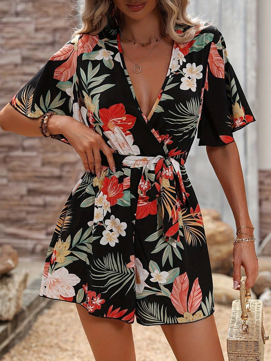 Women’s Romper – Floral Print – Wrap V-Neck – Ruffled Sleeves – Belted Short Fit Black