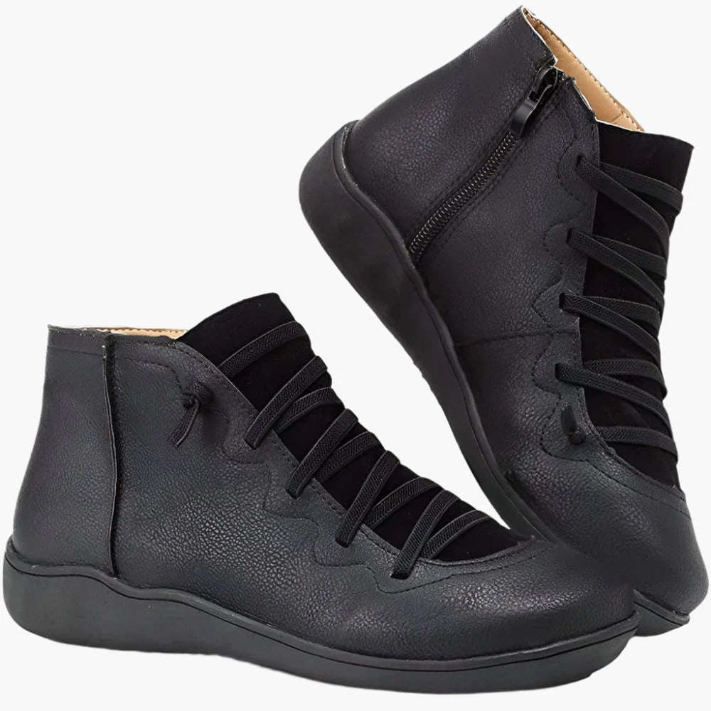 Women’s Ankle Boots – Lace-Up and Side Zip – Cushioned Flat Sole – Sleek Fit Black