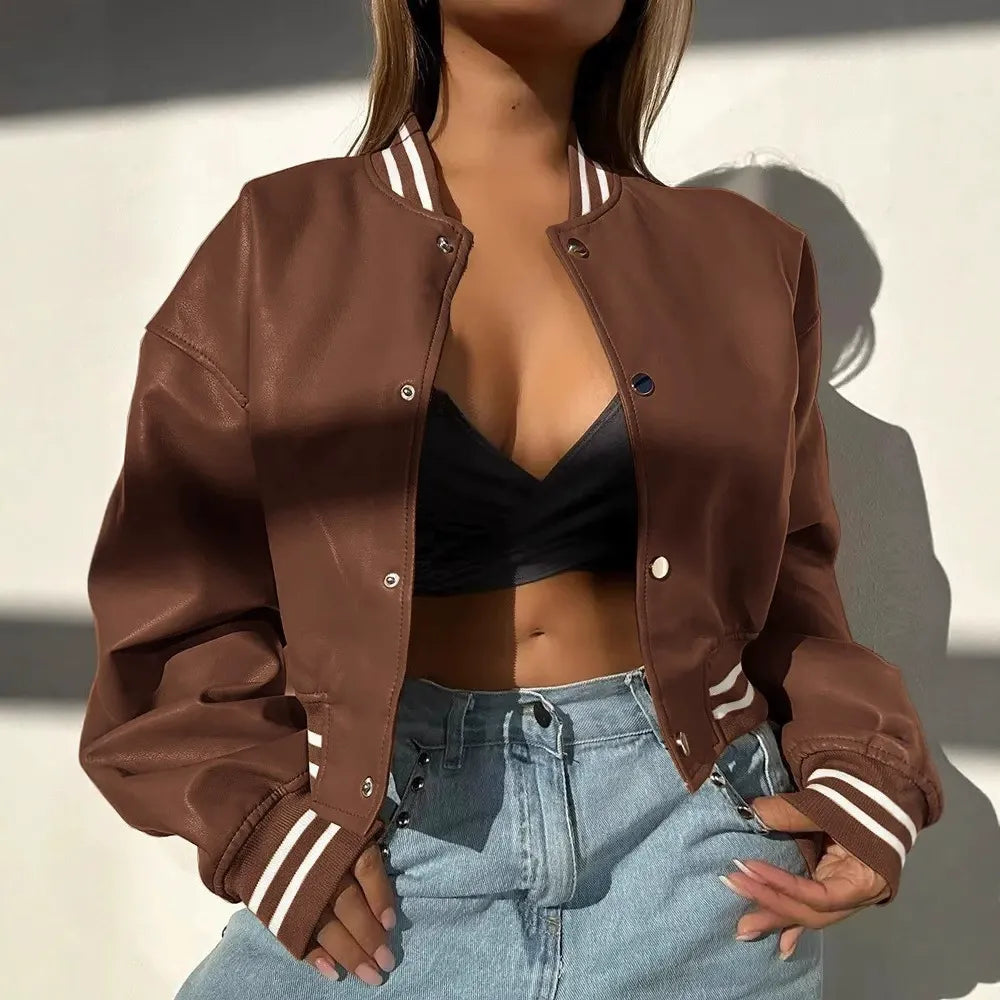 Women’s Leather Jacket – Cropped Structured Fit – Snap Front – Ribbed Hem and Cuffs Dark Brown