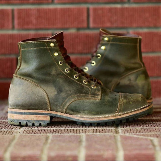 Men’s Ankle Boots – Leather – Lace-Up – Rugged Sole – Low Heel – Casual Fit Green