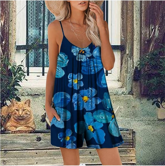 Women’s Romper – Loose Fit – Scoop Neck – Spaghetti Strap – Floral Print – With Pockets Blue