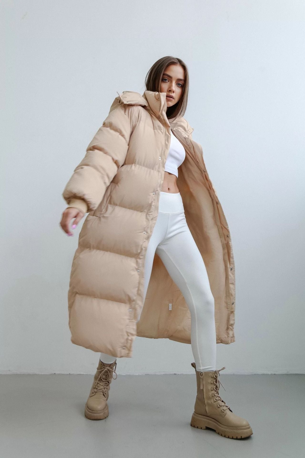 Women’s Long Puffer Trench Coat – Oversized Fit – Quilted Insulated – Hooded Zip Closure Khaki