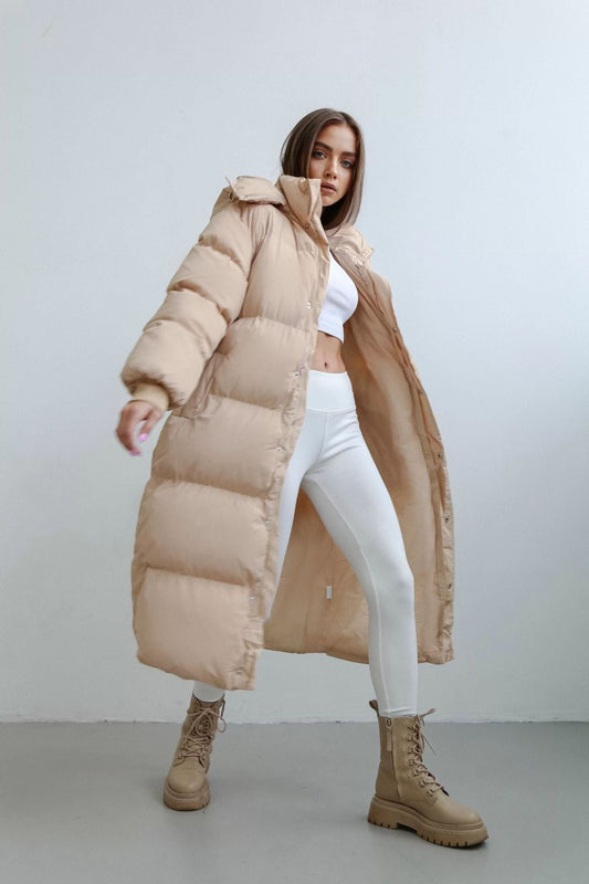 Women’s Long Puffer Trench Coat – Oversized Fit – Quilted Insulated – Hooded Zip Closure Khaki