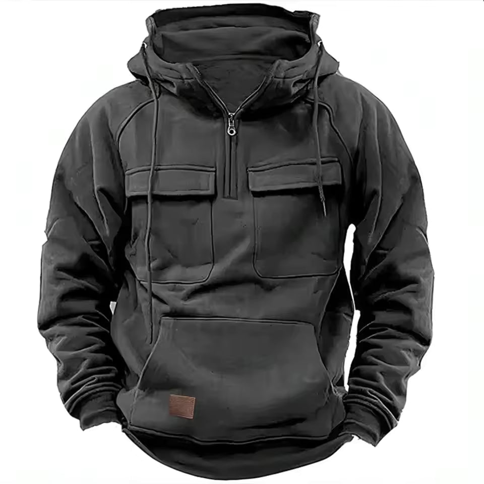 Men’s Hooded Jacket – Relaxed Fit – Leather – Flap Pockets – Zip Front Grey