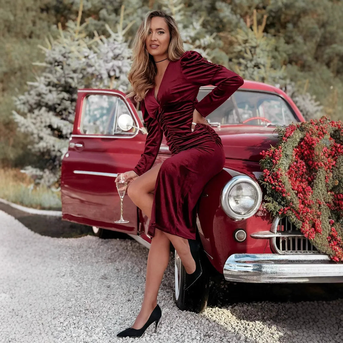 Women’s Midi Dress – Velvet – Slim Fit – V-Neck Ruched Waist – High Slit Evening Wear Burgundy