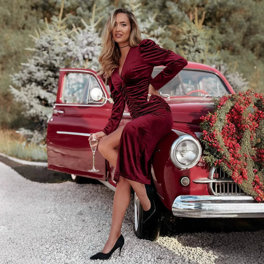 Women’s Midi Dress – Velvet – Slim Fit – V-Neck Ruched Waist – High Slit Evening Wear Burgundy