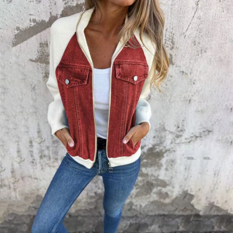 Women’s Denim Jacket – Relaxed Fit – Patchwork Design – Button Front Casual Layer Red