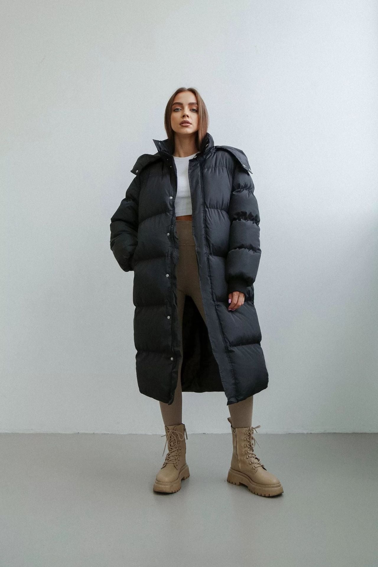 Women’s Long Puffer Trench Coat – Oversized Fit – Quilted Insulated – Hooded Zip Closure Black