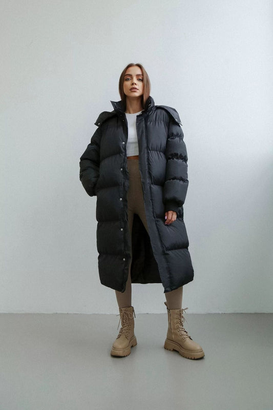 Women’s Long Puffer Trench Coat – Oversized Fit – Quilted Insulated – Hooded Zip Closure Black