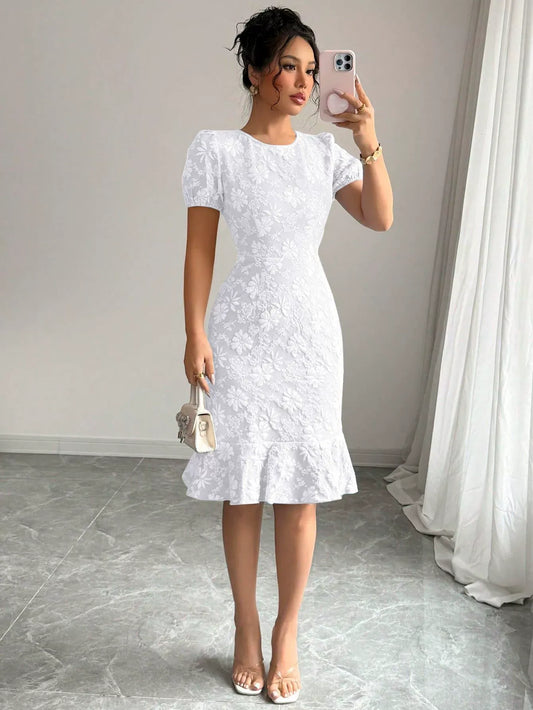Women’s Midi Dress – Jacquard Texture – Puff Sleeve – Fitted Waist – Ruffle Hem White