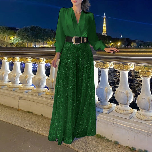 Women’s Jumpsuit – Tailored Fit – V-Neck – Sequin Wide Leg – Long Sleeve Green