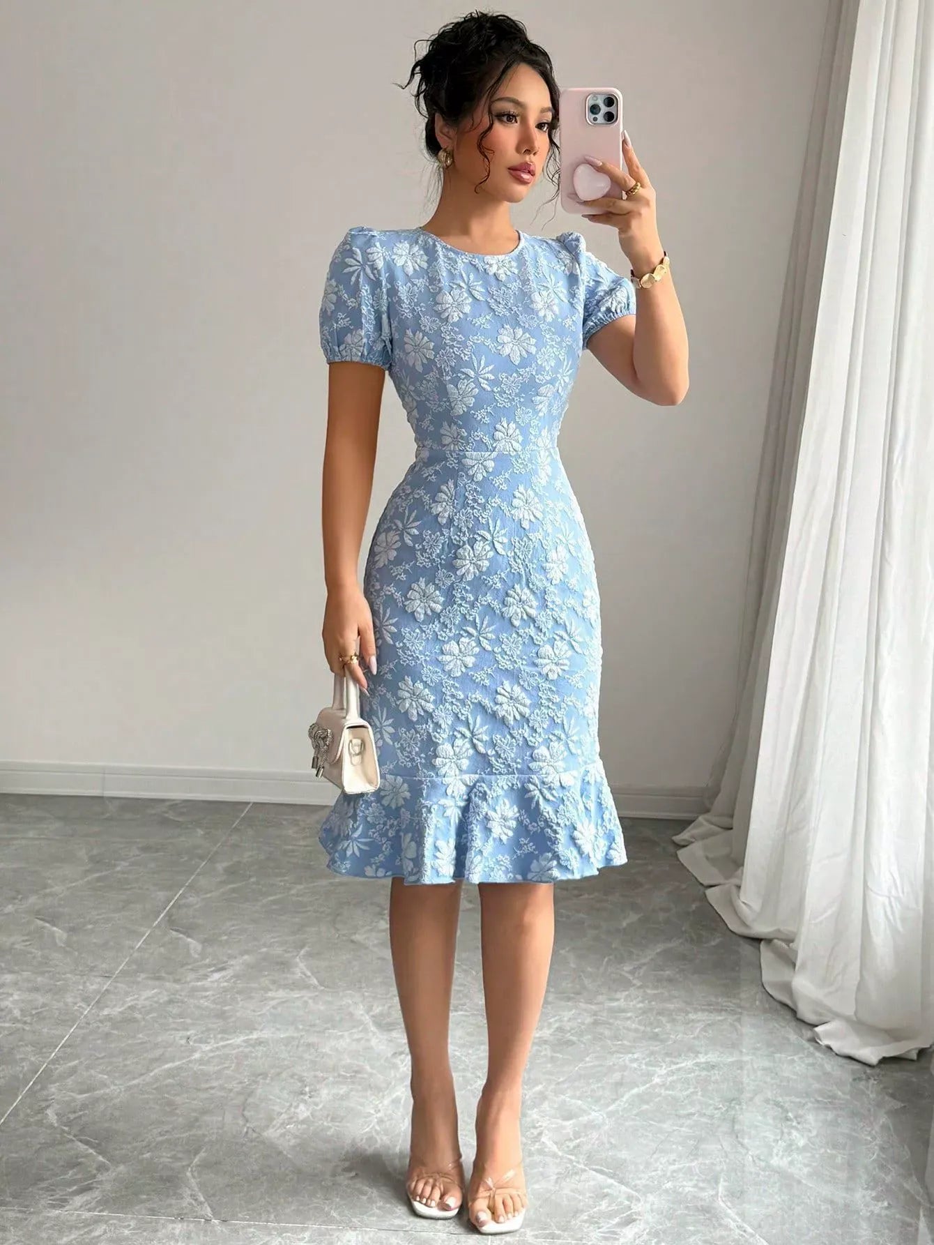 Women’s Midi Dress – Jacquard Texture – Puff Sleeve – Fitted Waist – Ruffle Hem Blue