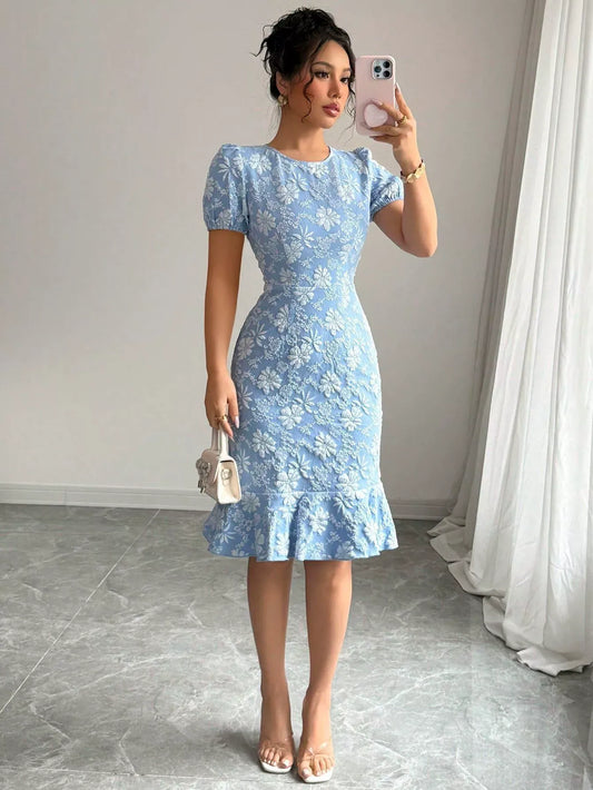 Women’s Midi Dress – Jacquard Texture – Puff Sleeve – Fitted Waist – Ruffle Hem Blue