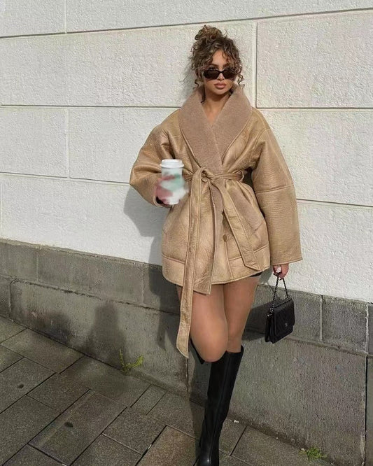 Women’s Trench Coat – Oversized Relaxed Fit – Plush Wool Blend – Self-Tie Belt – Mid-Thigh Length Khaki