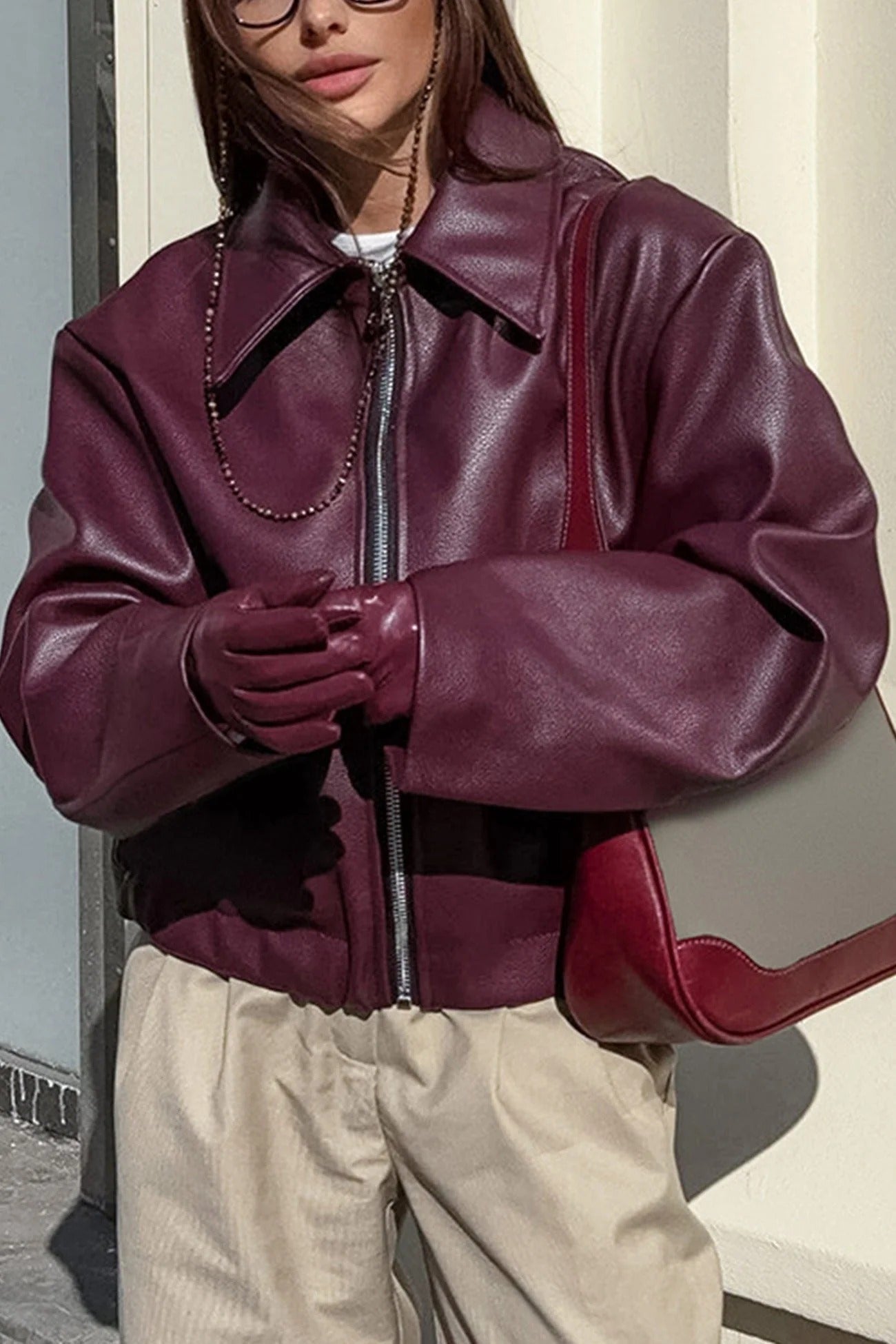 Women’s Jacket – PU Leather – Relaxed Fit – Zip Front – Structured Collar – Waist Length Maroon