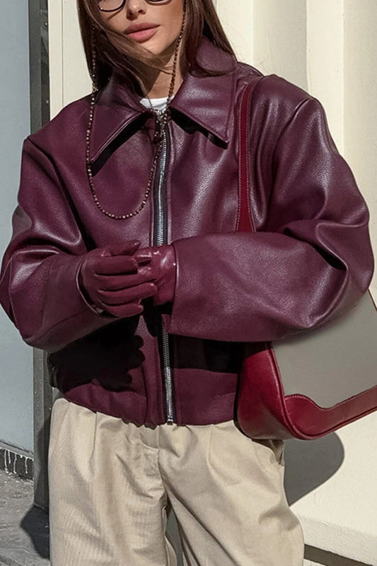 Women’s Jacket – PU Leather – Relaxed Fit – Zip Front – Structured Collar – Waist Length Maroon