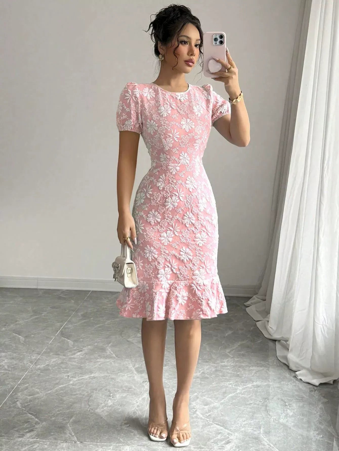 Women’s Midi Dress – Jacquard Texture – Puff Sleeve – Fitted Waist – Ruffle Hem Pink