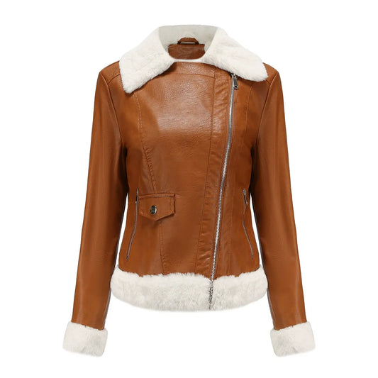 Women’s Faux Leather Jacket – Structured Fit – Faux Fur Trim – Asymmetrical Zip Camel