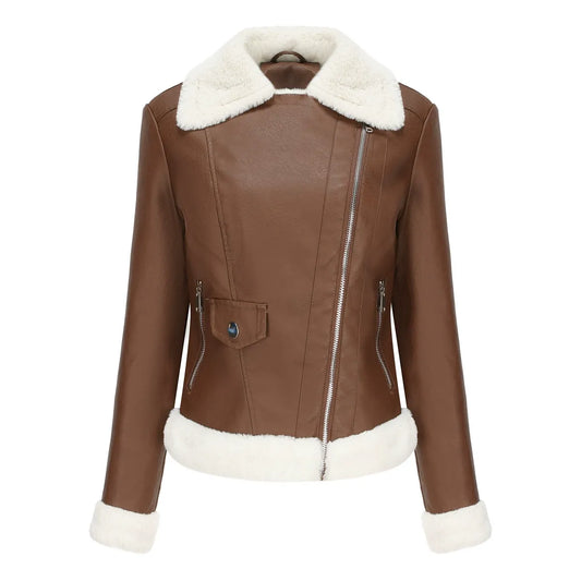 Women’s Faux Leather Jacket – Structured Fit – Faux Fur Trim – Asymmetrical Zip Brown
