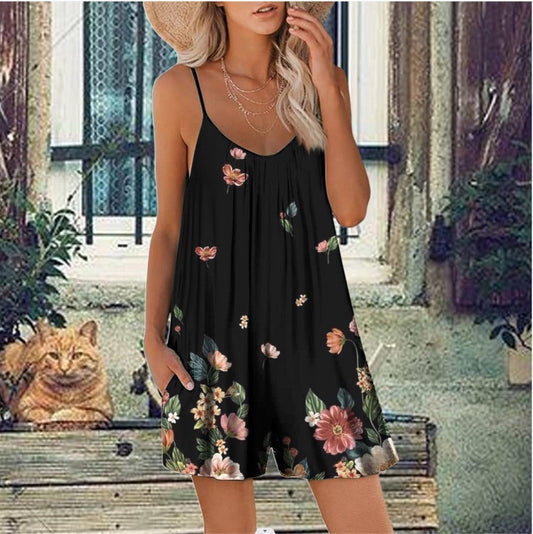 Women’s Romper – Loose Fit – Scoop Neck – Spaghetti Strap – Floral Print – With Pockets Black