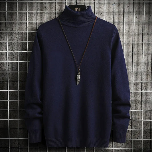 Men’s Turtleneck Sweater – Slim Fit – Fine Knit Wool – Ribbed Hem and Cuffs Navy Blue
