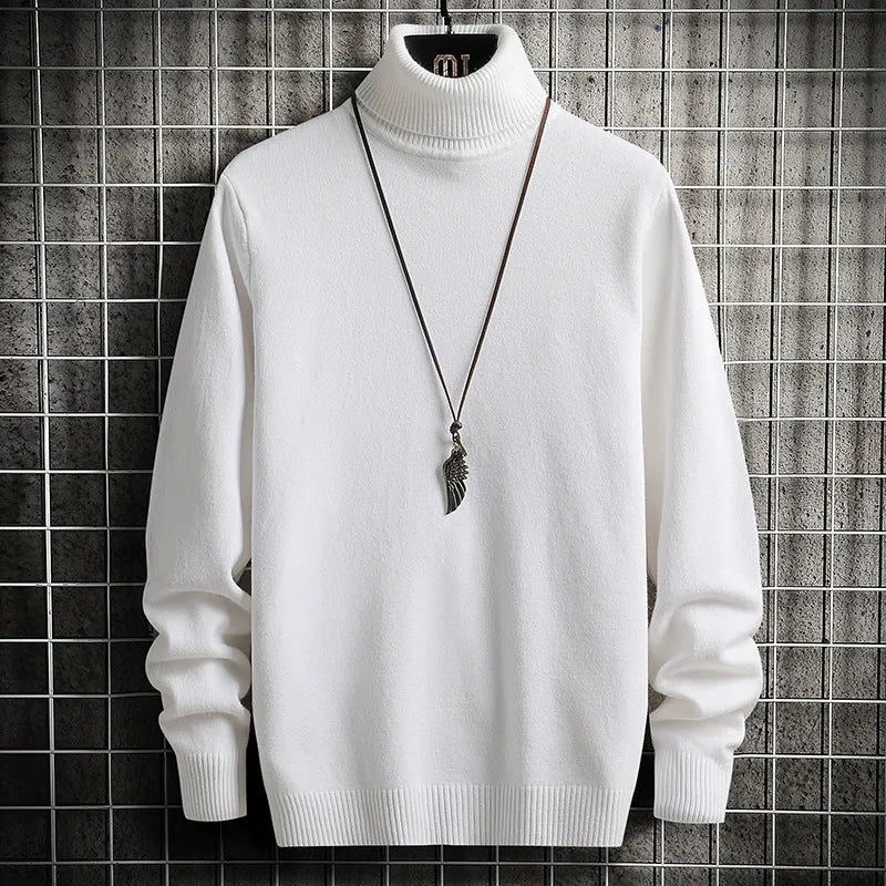 Men’s Turtleneck Sweater – Slim Fit – Fine Knit Wool – Ribbed Hem and Cuffs White