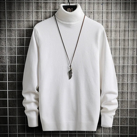 Men’s Turtleneck Sweater – Slim Fit – Fine Knit Wool – Ribbed Hem and Cuffs White