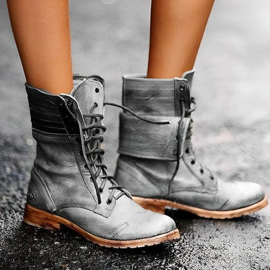 Women’s Ankle Boots – Leather Look – Lace-Up – Fold-Over Cuff – Rugged Sole Grey