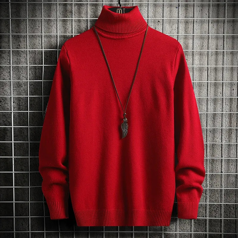 Men’s Turtleneck Sweater – Slim Fit – Fine Knit Wool – Ribbed Hem and Cuffs Maroon