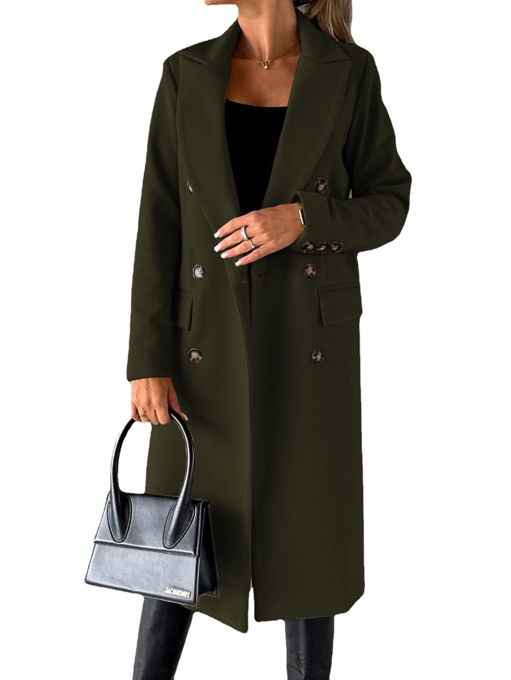 Women’s Trench Coat – Tailored Fit – Wool Blend – Double-Breasted – Knee Length Dark Green