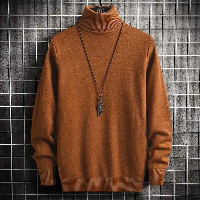 Men’s Turtleneck Sweater – Slim Fit – Fine Knit Wool – Ribbed Hem and Cuffs Camel