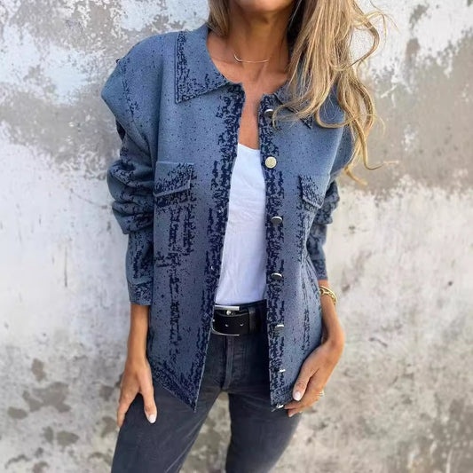 Women’s Denim Jacket – Relaxed Fit – Patchwork Design – Button Front Casual Layer Blue
