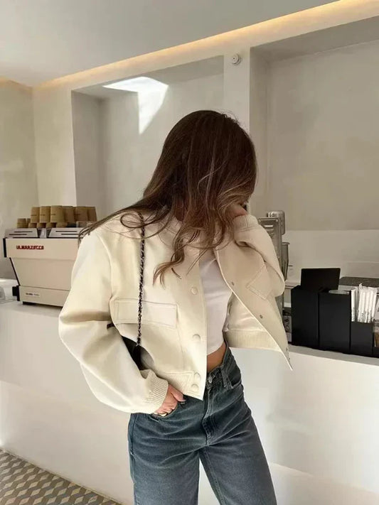 Women’s Bomber Jacket – Relaxed Fit – Cropped Length – Button Front – Flap Pockets Cream