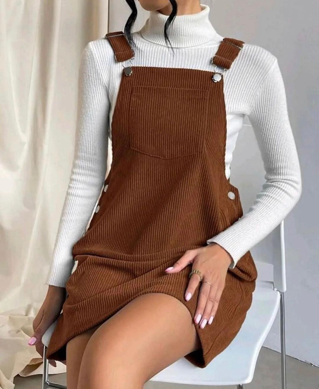 Women’s Midi Dress – Corduroy Ribbed Texture – Relaxed Fit – Adjustable Straps – Pocket Brown