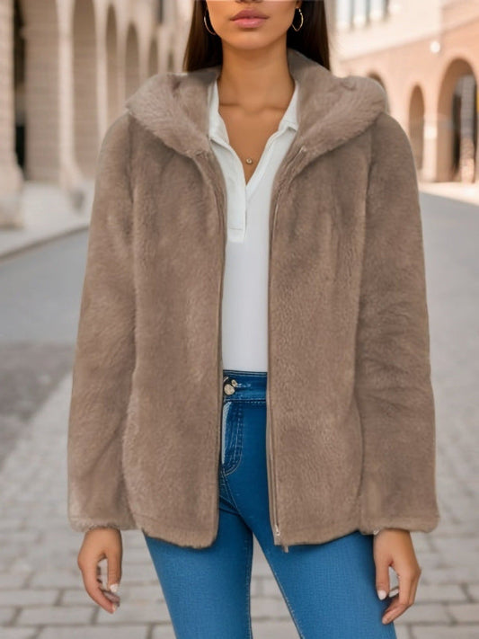Women's Faux Fur Hooded Sherpa Jacket - CozyChic Light Brown