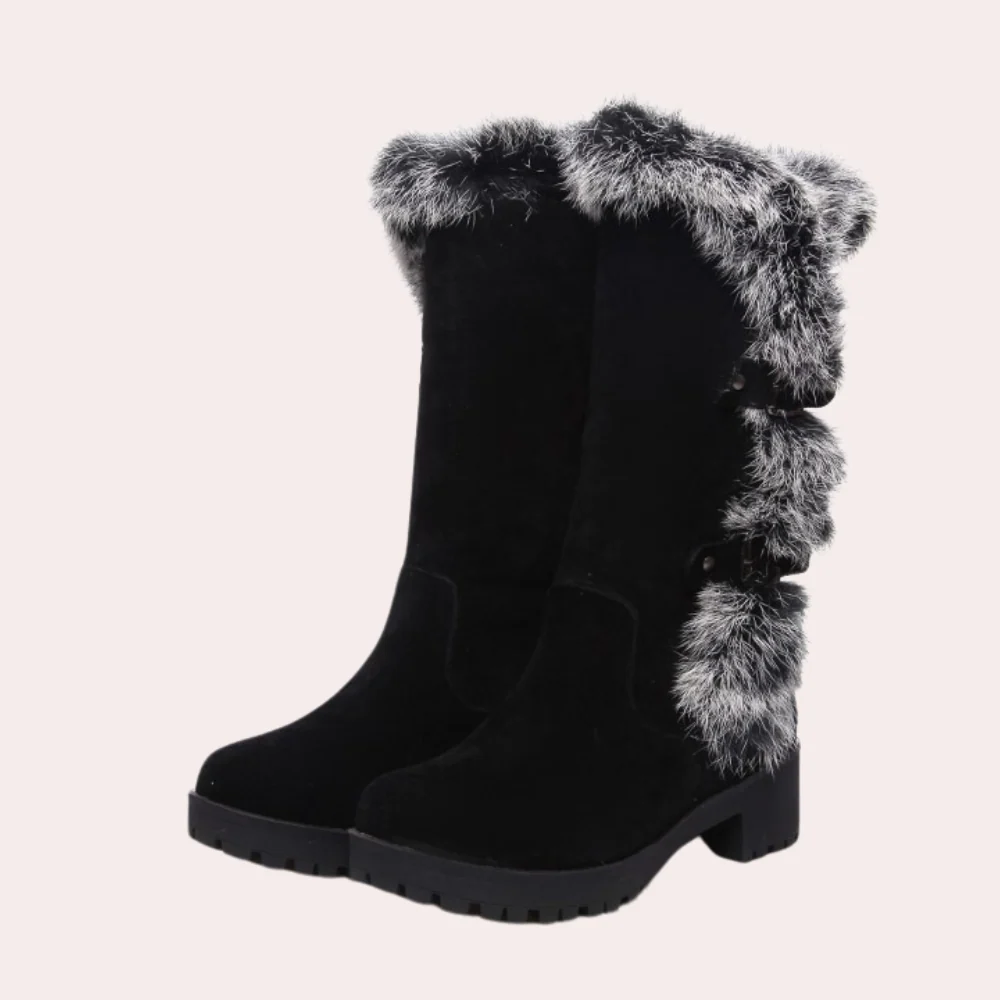 Women's Suede Knee-High Boots Faux Fur Trim - WinterGlow Black