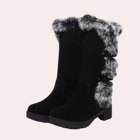 Women's Suede Knee-High Boots Faux Fur Trim - WinterGlow Black