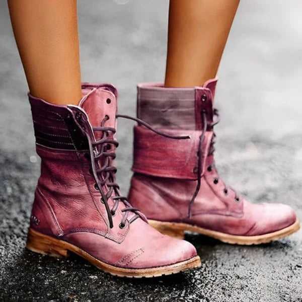 Women’s Ankle Boots – Leather Look – Lace-Up – Fold-Over Cuff – Rugged Sole Red