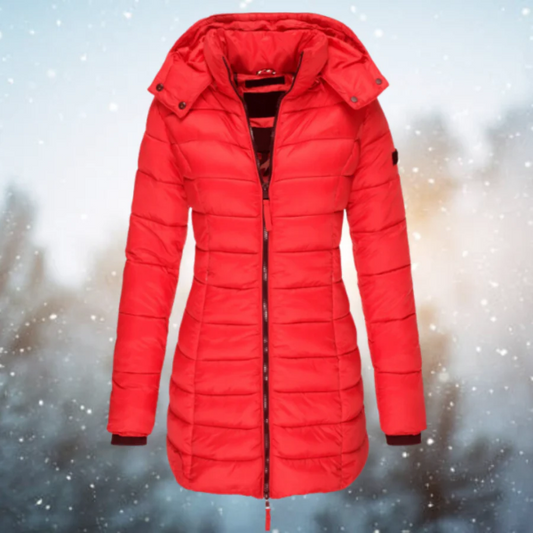 Women’s Puffer Jacket – Slim Fit – Long Length – Quilted Insulation – Detachable Hood Red