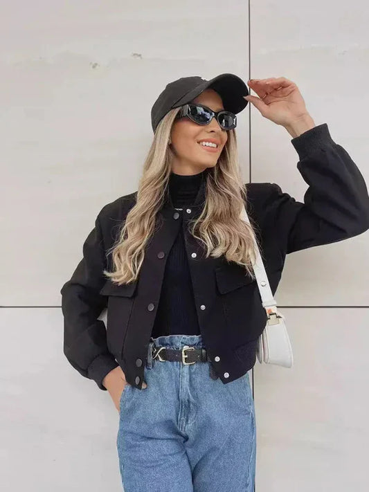 Women’s Bomber Jacket – Relaxed Fit – Cropped Length – Button Front – Flap Pockets Black