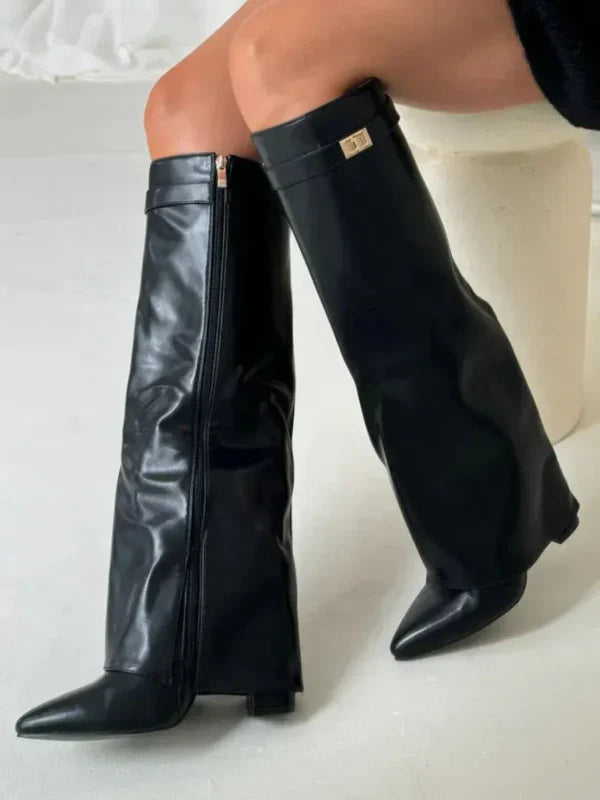 Women's Suede Knee-High Block Heel Boots - Couture Moda Leather Black