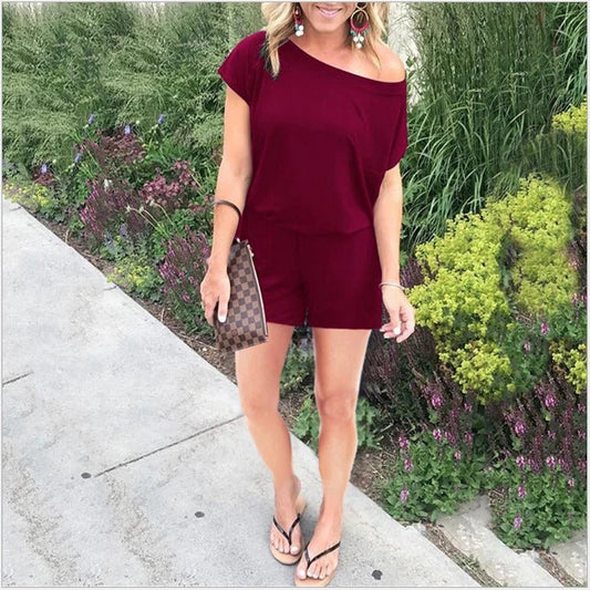 Women’s One-Piece Romper – Off-Shoulder – Relaxed Fit – Breathable Lightweight Fabric Red