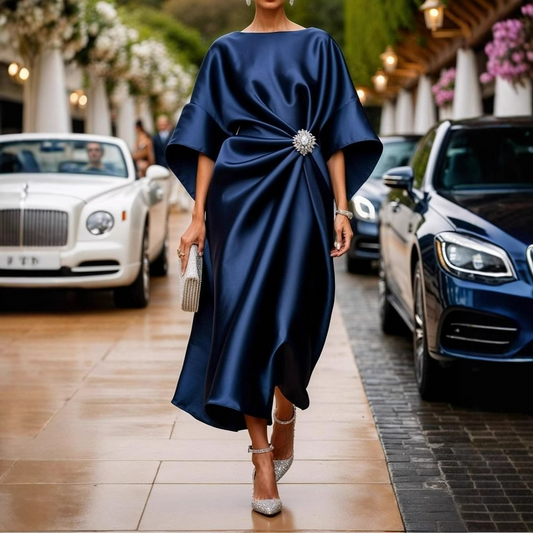 Women’s Midi Dress – Satin Finish – Relaxed Fit – Draped Design – Brooch Detail Blue